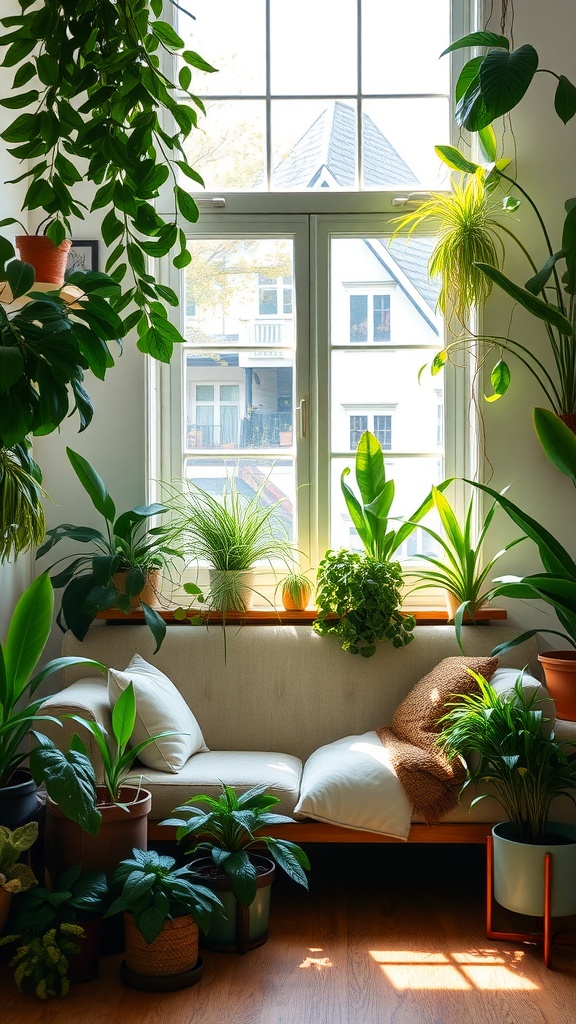 Cozy couch surrounded by various green plants in a well-lit home office