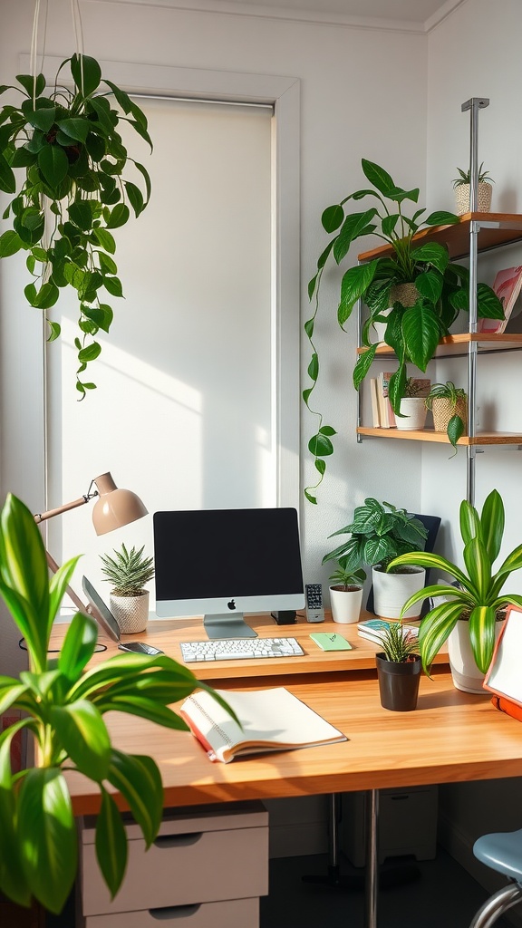 A cozy Tiny Home Office with various plants enhancing the workspace