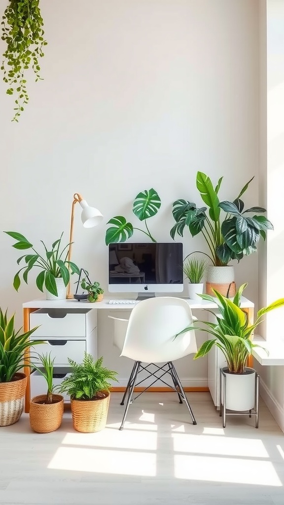 A feminine small home office with a desk surrounded by various plants, including hanging and potted greenery.