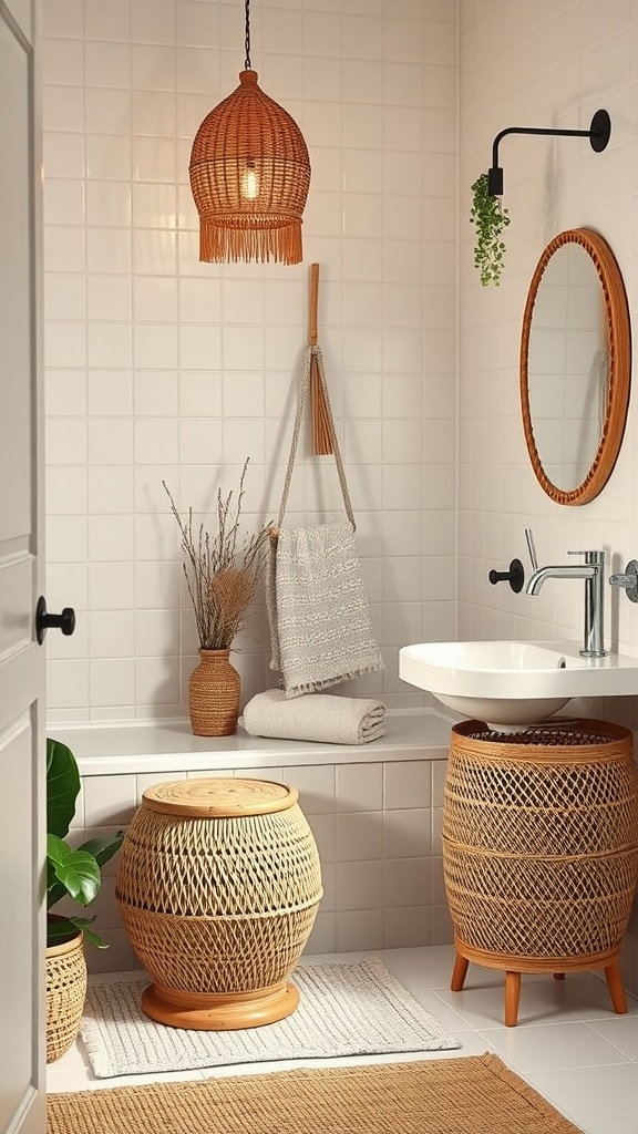 A serene bathroom featuring rattan furniture with a warm light fixture and natural decor.