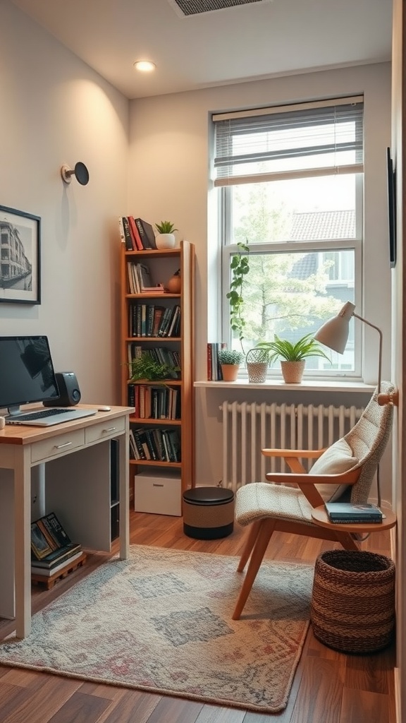 Cozy Tiny Home Office with a comfortable chair, plants, and a wooden desk