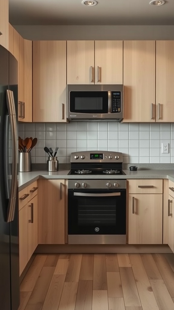 A modern small kitchen featuring wooden cabinetry, a microwave above the stove, and efficient use of space.