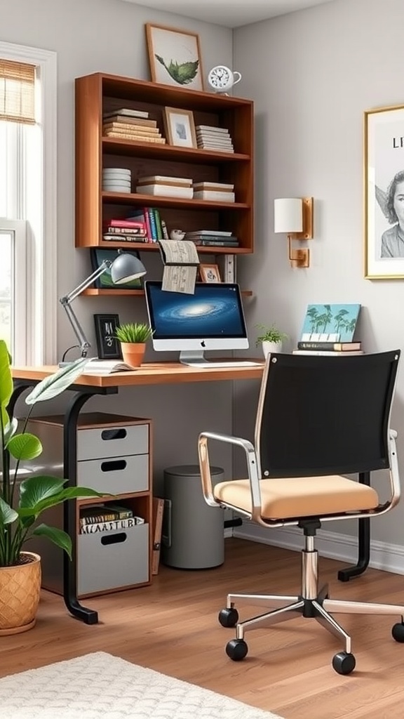 A modern home office setup featuring a desk with a shelf, storage drawers, and a potted plant.