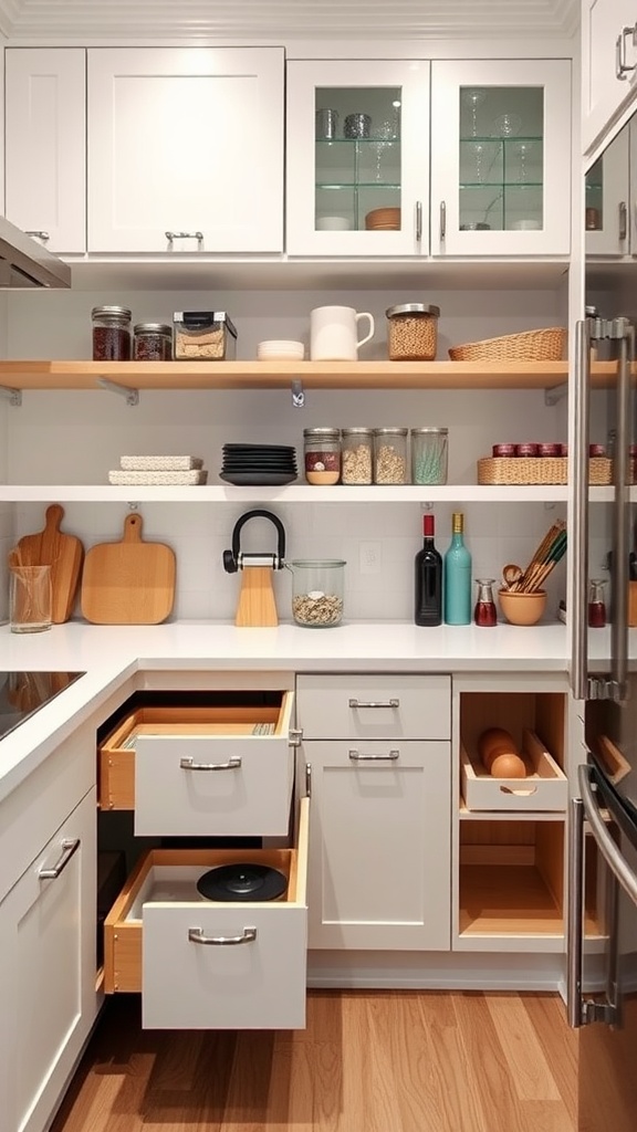 A modern kitchen featuring open shelves, glass cabinets, and organized drawers, showcasing smart storage solutions.
