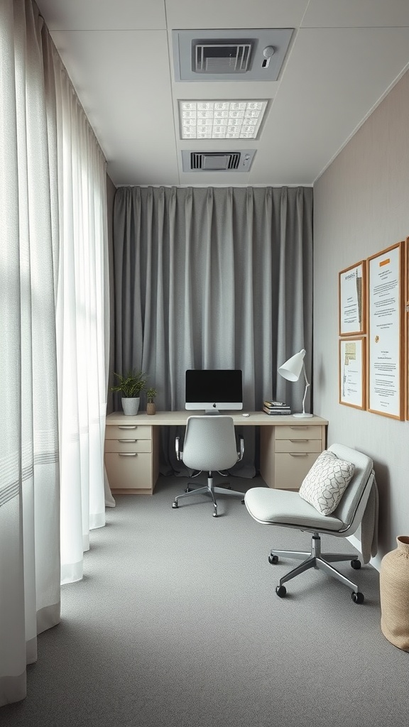 A small home office featuring soundproofing elements like thick curtains, soft furnishings, and a minimalist layout.