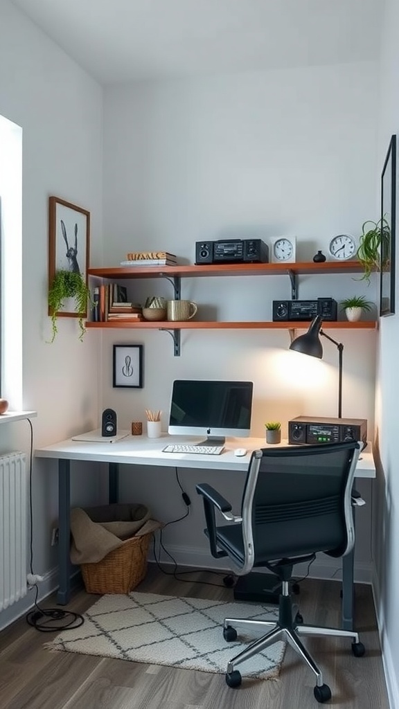 A minimalist tiny home office featuring a desk, computer, and neatly managed cables.