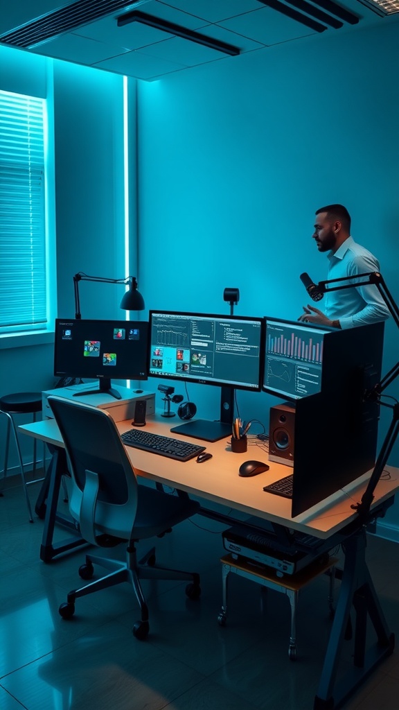 A modern home office featuring dual monitors, a sleek desk, and smart lighting.