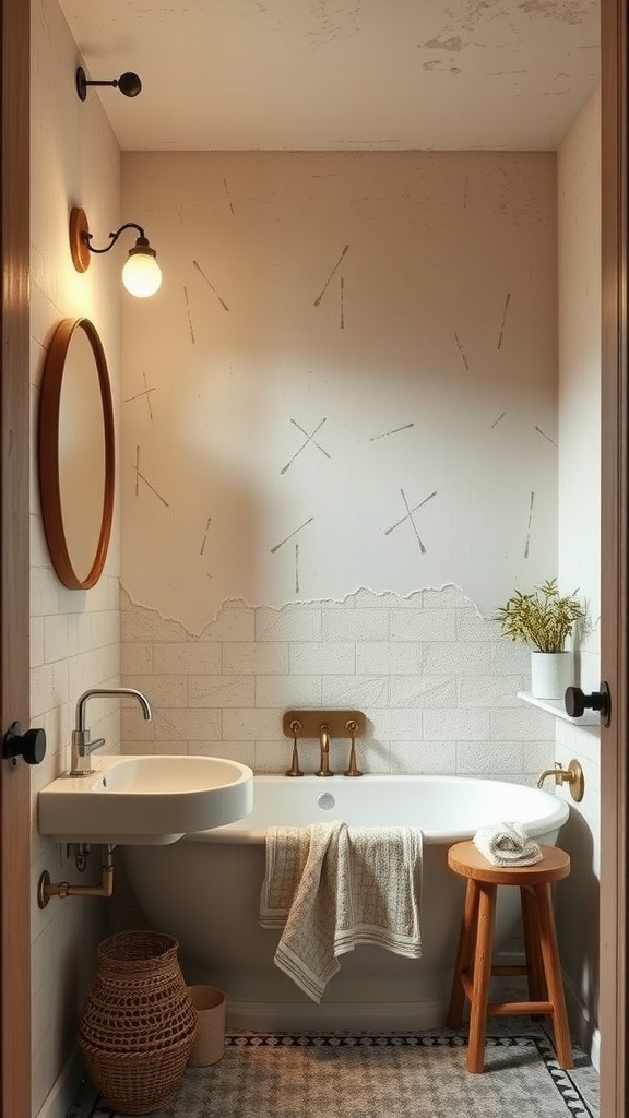 Cozy Boho bathroom with textured walls, a round mirror, and natural materials