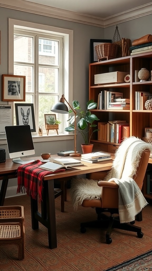 A cozy fall home office with a wooden desk, plaid throw, and potted plant.