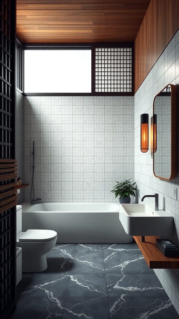 A modern bathroom featuring traditional Japanese elements and contemporary design.