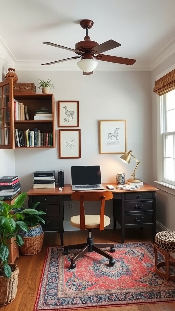 Cozy home office featuring vintage elements, including a wooden desk, framed prints, and a patterned rug.