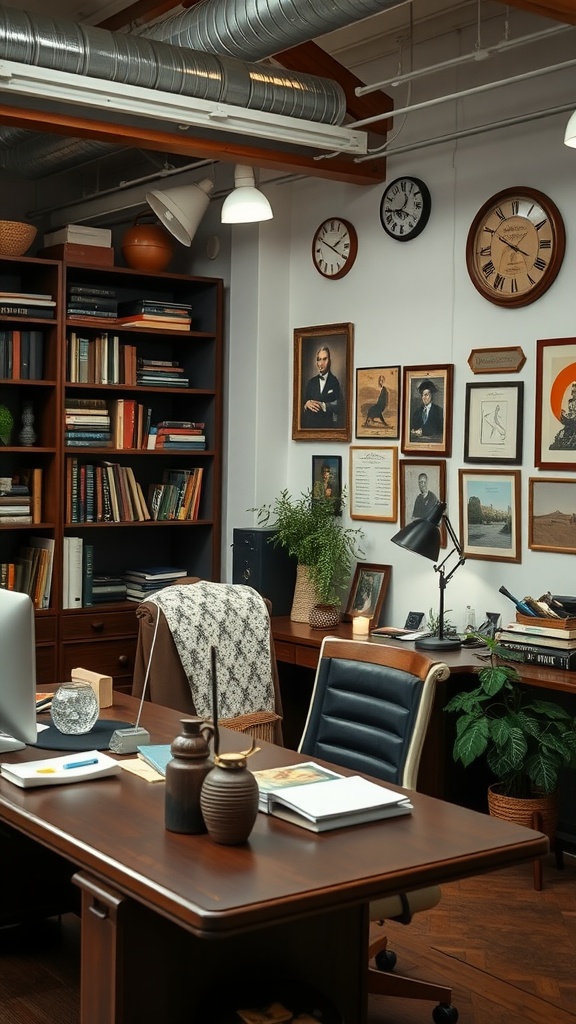 A vintage-inspired small office with a wooden desk, comfortable chair, framed portraits, classic clocks, a bookshelf filled with books, and green plants.