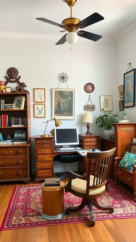 A vintage-inspired home office featuring wooden furniture, a colorful rug, framed art, and plants.