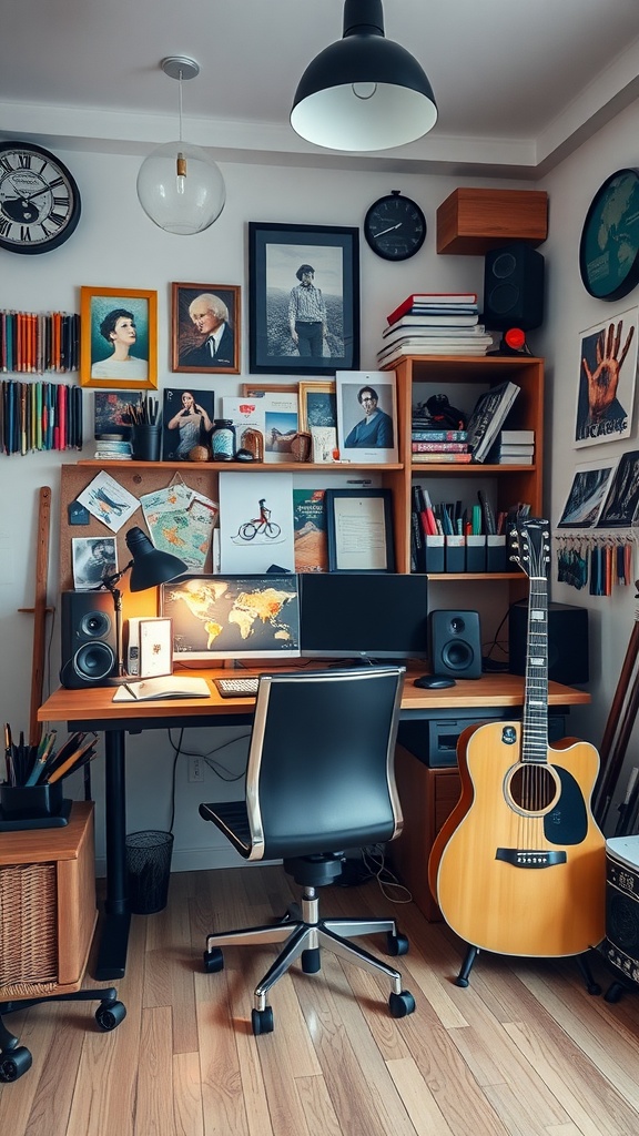 A cozy home office with a guitar, wall art, and a desk setup.