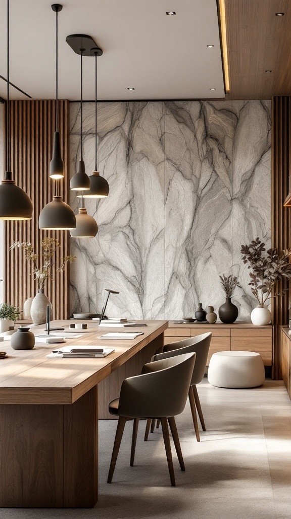 Modern office interior with wooden walls and furniture, featuring plants and stone accents.