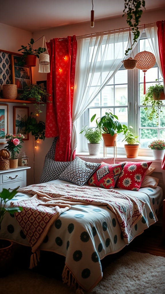 Cozy Boho bedroom with colorful pillows, plants, and warm lighting