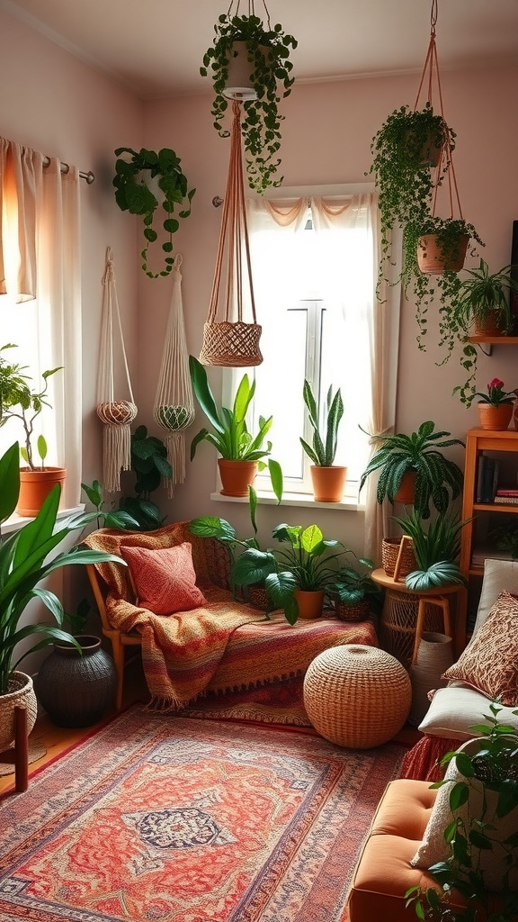 Cozy Boho style bedroom with various indoor plants, colorful textiles, and warm lighting.