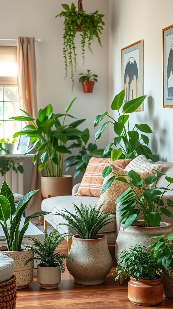 Cozy farmhouse living room filled with various indoor plants in decorative pots.