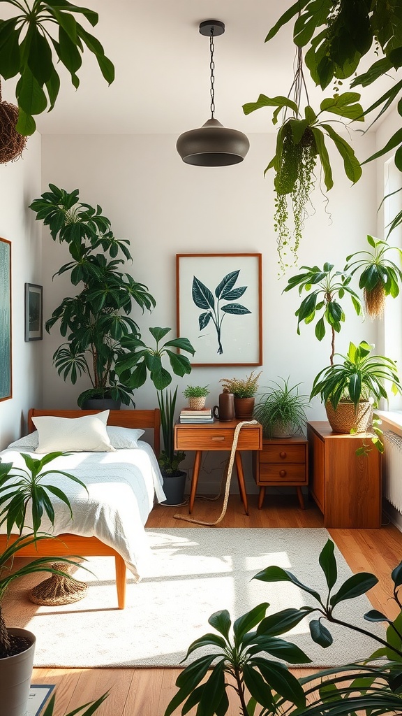 A Boho Mid-Century Modern bedroom with various indoor plants, featuring a bed, wooden furniture, and artwork