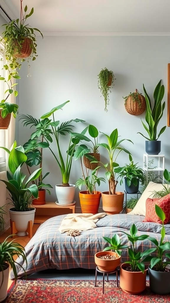 A cozy boho bedroom filled with various indoor plants in different pots, creating a lush and inviting atmosphere.