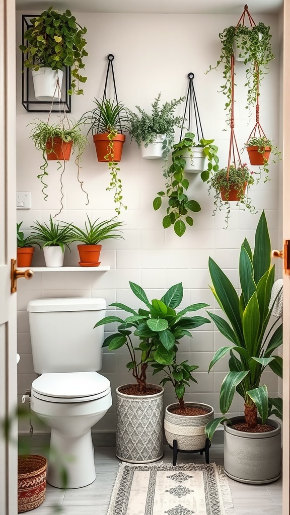 A bathroom decorated with various indoor plants, including hanging and potted varieties, showcasing a Boho style.