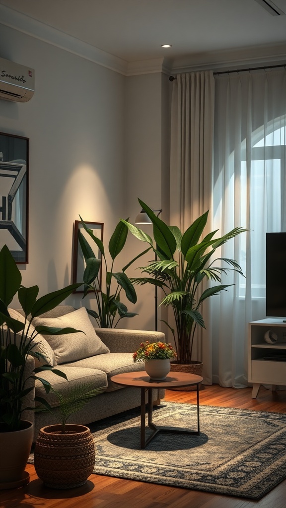 Cozy living room featuring indoor plants with uplighting.
