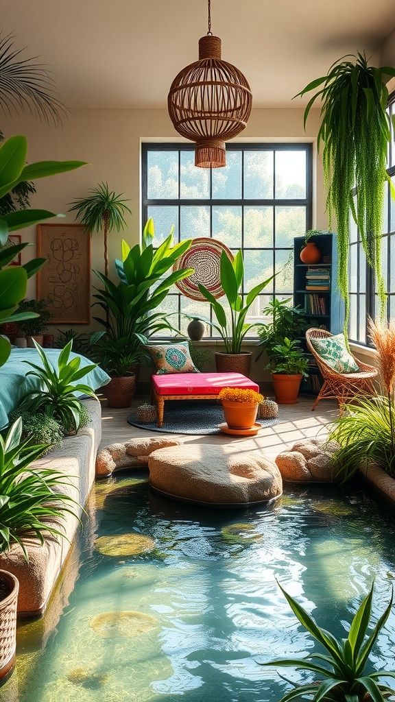 Indoor water feature in a Boho jungle themed bedroom with plants, rocks, and a cozy seating area.