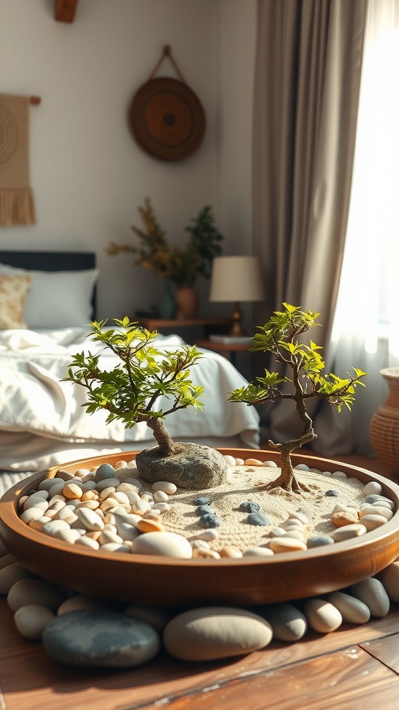 An indoor zen garden featuring two bonsai trees on a bed of sand and pebbles