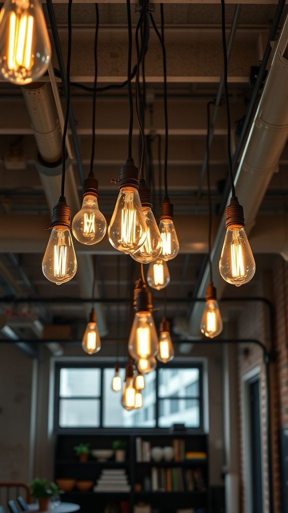A cluster of industrial-style hanging bulbs with warm light