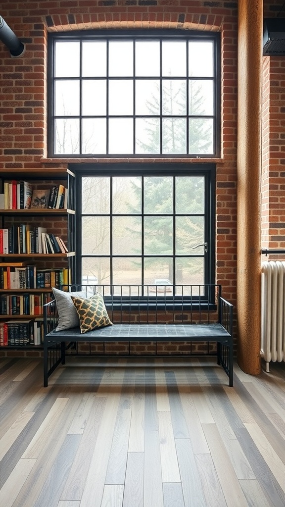 Industrial-style library featuring a metal window bench and exposed brick walls.