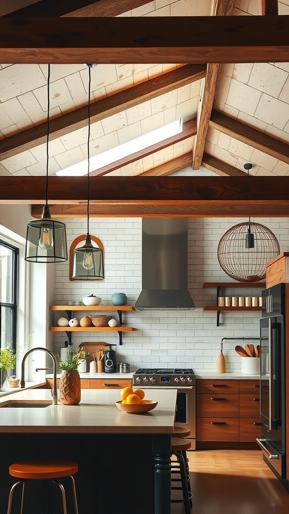 A modern rustic kitchen featuring industrial-style pendant lighting with glass bulbs hanging over a wooden counter.