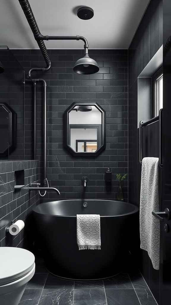 Black bathroom featuring industrial black steel elements, including a modern bathtub and overhead piping.