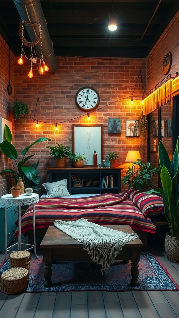 A cozy industrial boho bedroom with exposed brick walls, a striped bedspread, plants, and warm lighting.