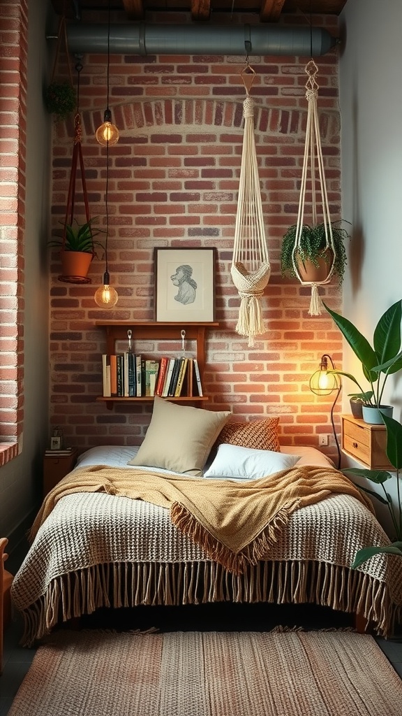 Cozy bedroom with industrial brick wall, plants, and bohemian decor