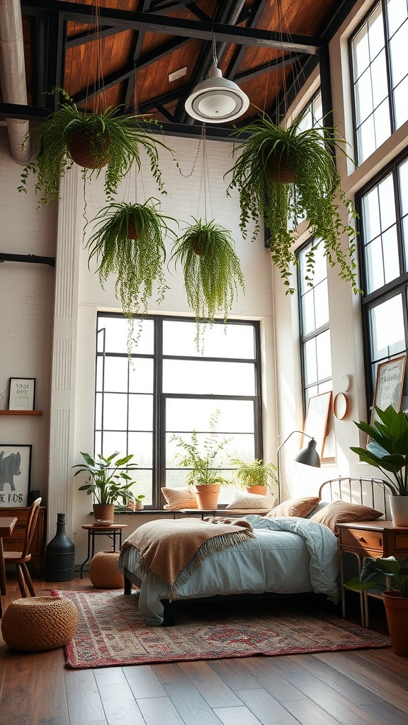 A boho style bedroom with high ceilings featuring plants, large windows, and wooden beams.