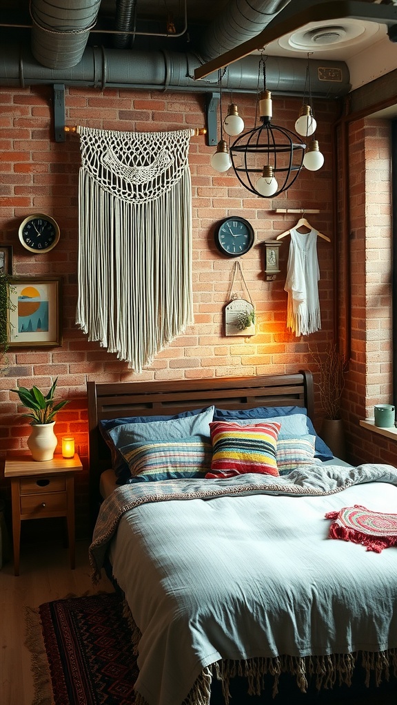 A cozy bedroom featuring an industrial boho style with a macramé wall hanging, colorful pillows, and a mix of rustic and soft decor.