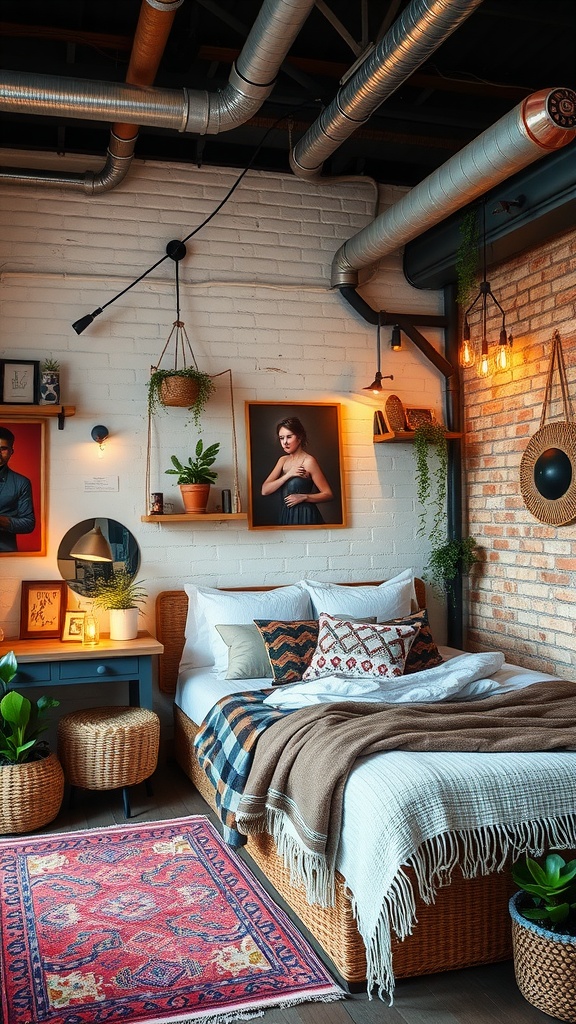 A cozy bedroom featuring industrial and bohemian decor with exposed pipes, a comfortable bed, and warm lighting.