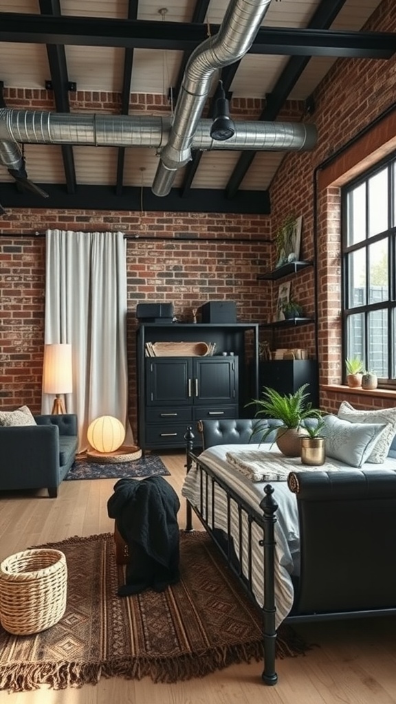 A stylish industrial chic bedroom featuring a brick wall, black metal framed bed, cozy furnishings, and plants.