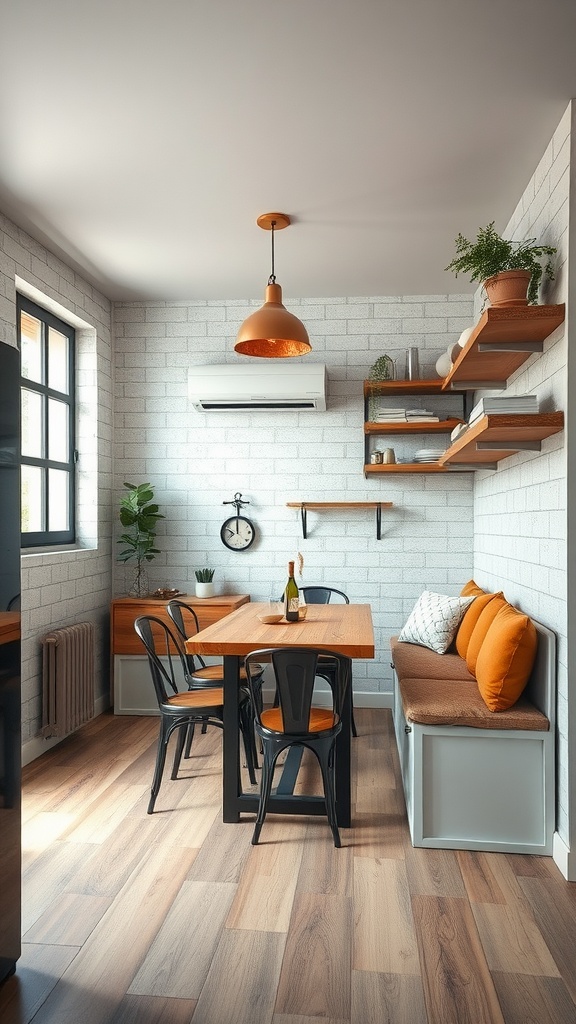 Industrial chic dining area with a wooden table, black chairs, and a cozy bench with orange cushions