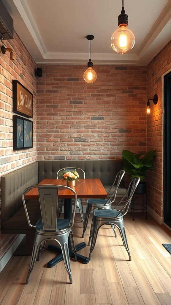 A compact dining nook featuring an exposed brick wall, a wooden table, metal chairs, and warm pendant lighting.