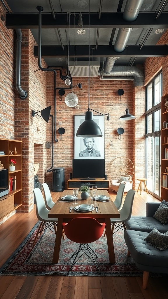 Cozy living room dining room combo with exposed brick walls, wooden dining table, and comfortable seating.
