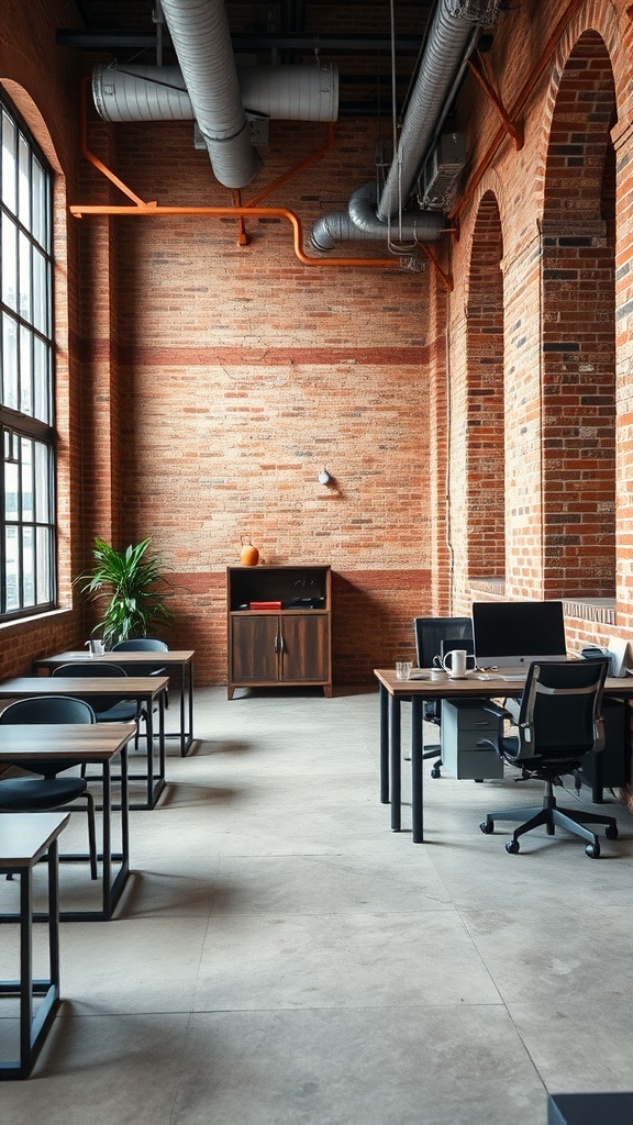 A stylish small office interior featuring exposed brick walls, modern desks, and a plant.