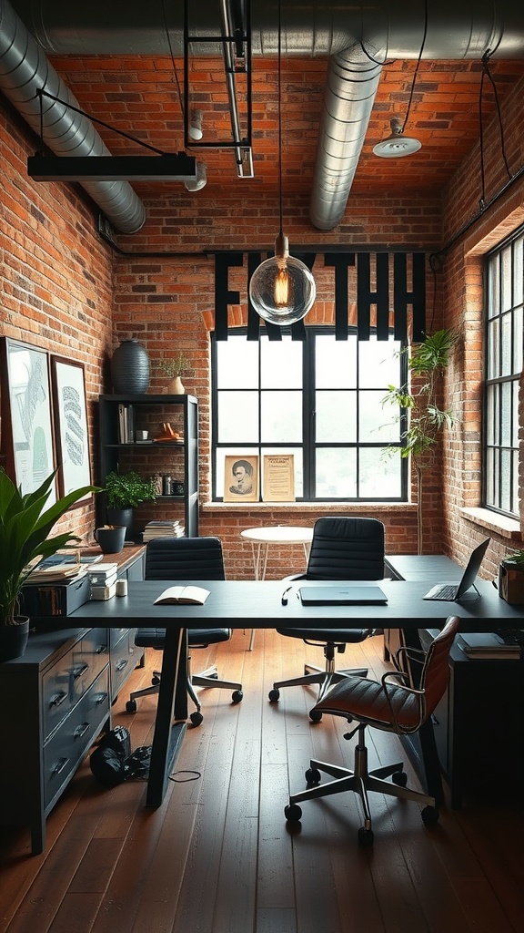 A modern home office with exposed brick walls, metal elements, and stylish furniture.