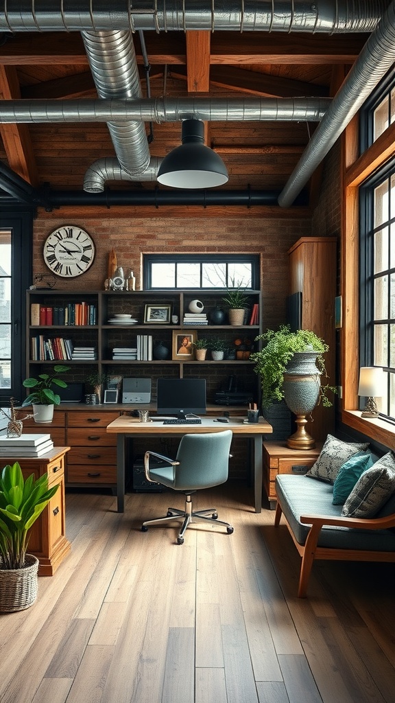 A stylish industrial chic home office featuring exposed brick, wooden furniture, and a modern desk setup.