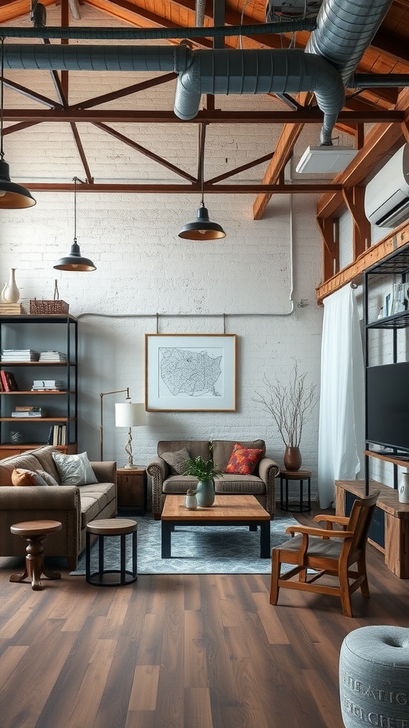 Modern living room with industrial chic design featuring wooden elements