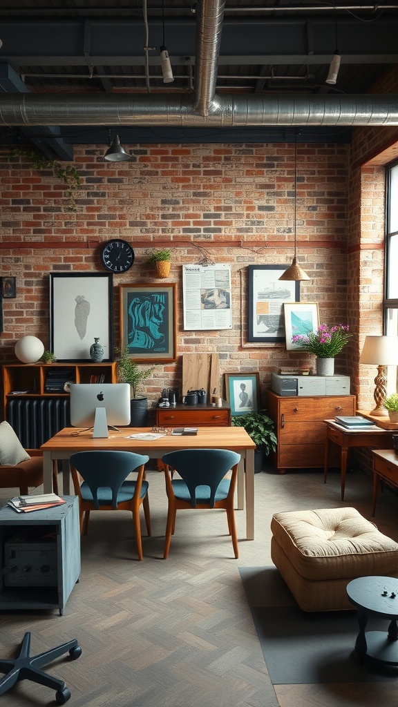 A cozy industrial chic workspace with vintage furniture, featuring exposed brick walls, wooden desks, and artistic decor.