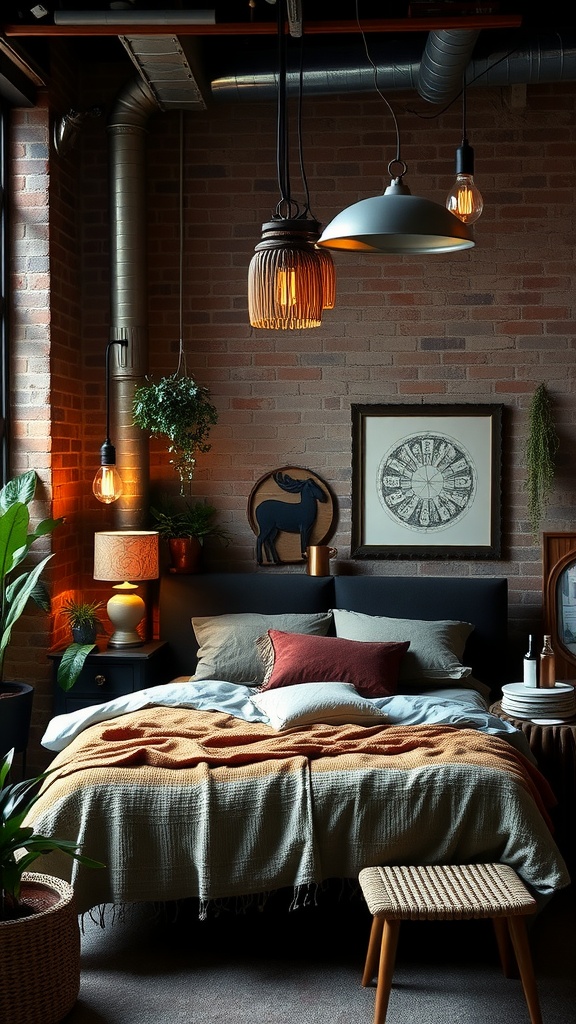 A cozy industrial dark boho bedroom featuring exposed brick walls, warm lighting, and layered blankets.