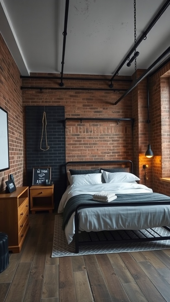 An industrial dark loft bedroom featuring exposed brick walls, a metal bed frame, and warm lighting.