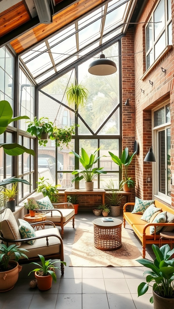 A sunroom with large glass windows, exposed brick walls, and lush greenery, featuring comfortable seating and a woven coffee table.