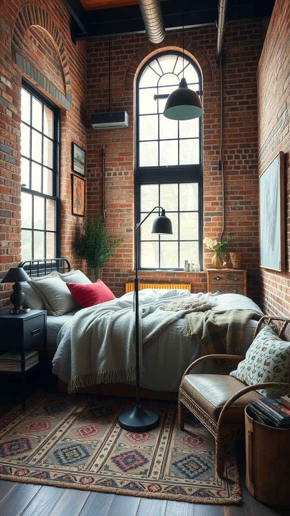 A cozy bedroom featuring exposed brick walls, large windows, and industrial metal fixtures, showcasing a blend of industrial and Boho styles.